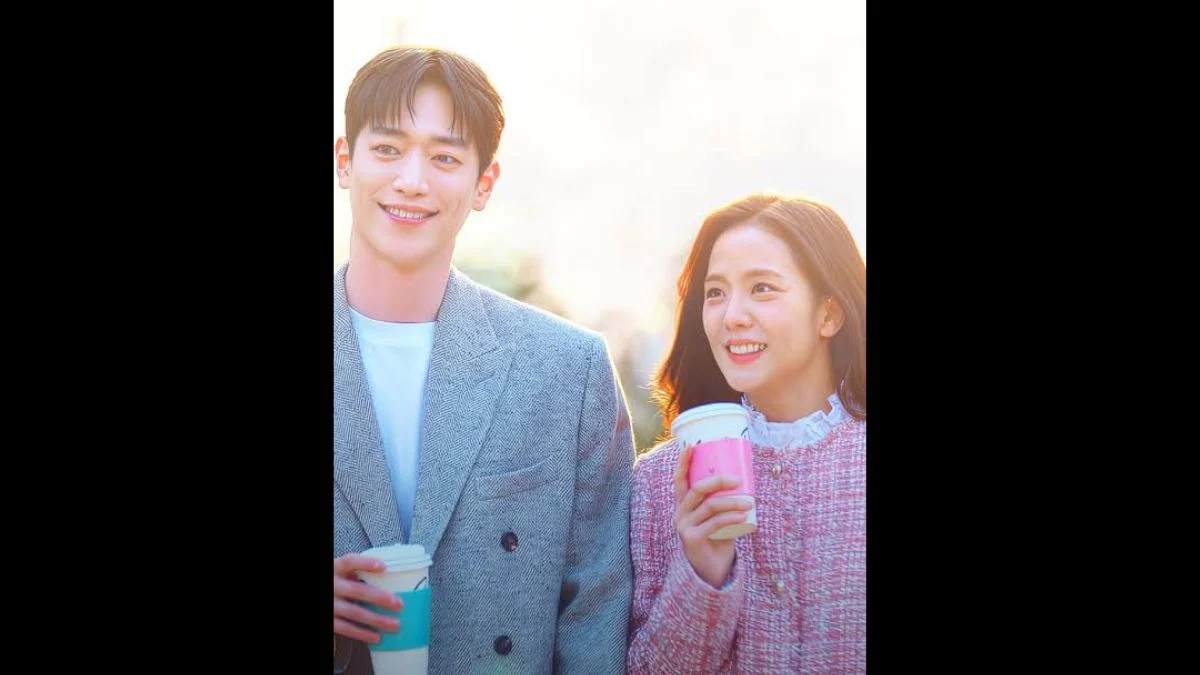 Actor Seo Kang-jun and BLACKPINK's Jisoo holding coffee cups together in a promotional poster for Netflix's Boyfriend on Demand.