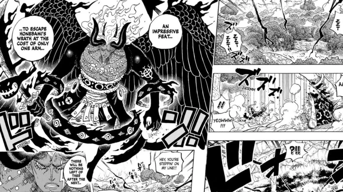 Manga panel showing a dark, winged figure with horns and intricate markings speaking in a dramatic scene.
