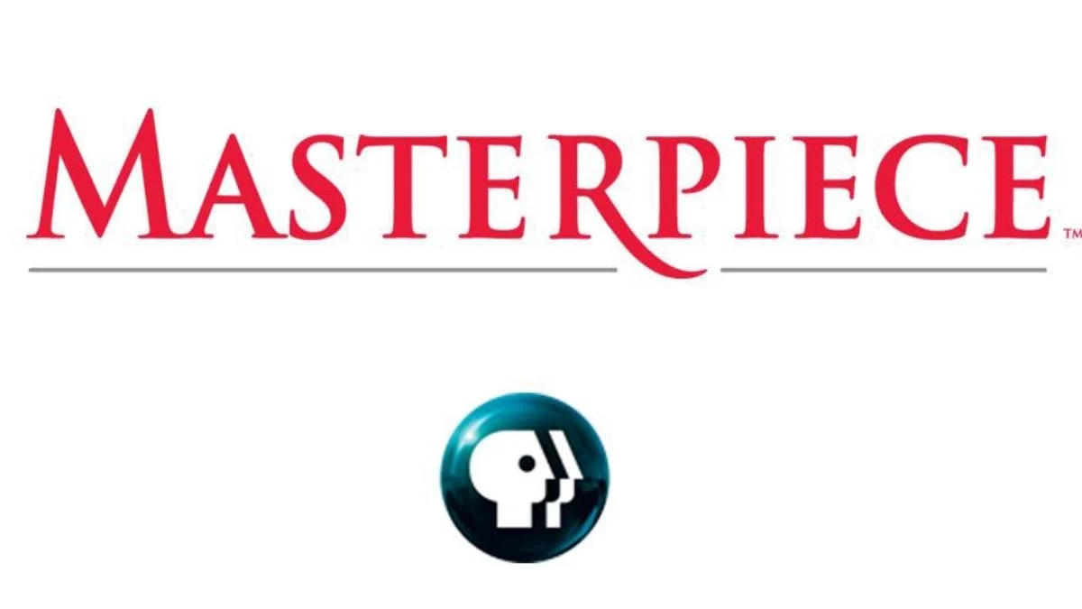 Red MASTERPIECE logo displayed above the blue PBS circular logo on a clean white background.