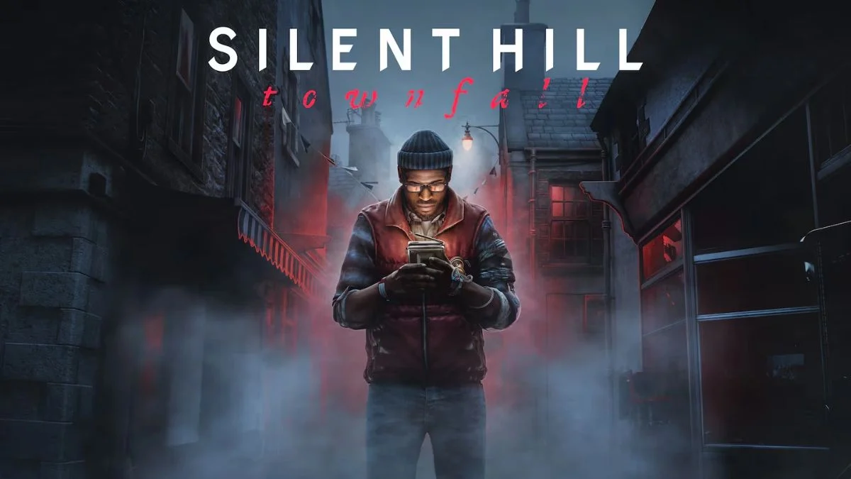 Official Silent Hill: Townfall game cover art showing protagonist Simon Ordell holding a handheld device in a foggy Scottish alleyway in St. Amelia.