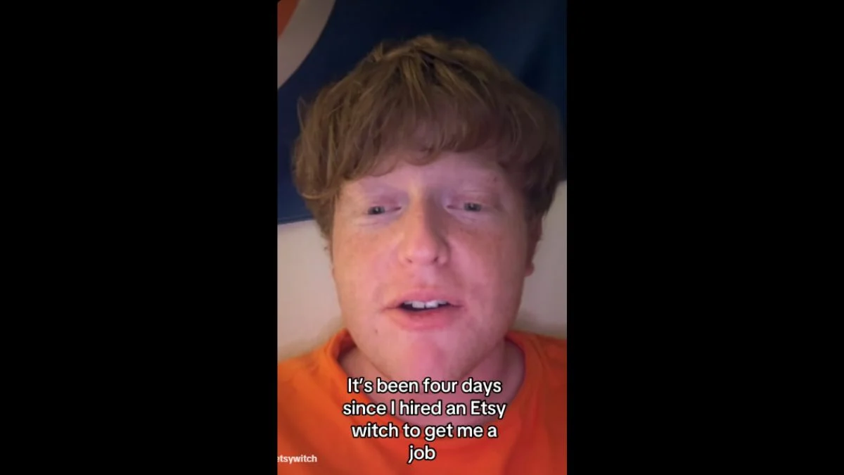 Close-up screenshot of TikTok creator William Rath speaking to the camera with overlay text about hiring an Etsy witch.