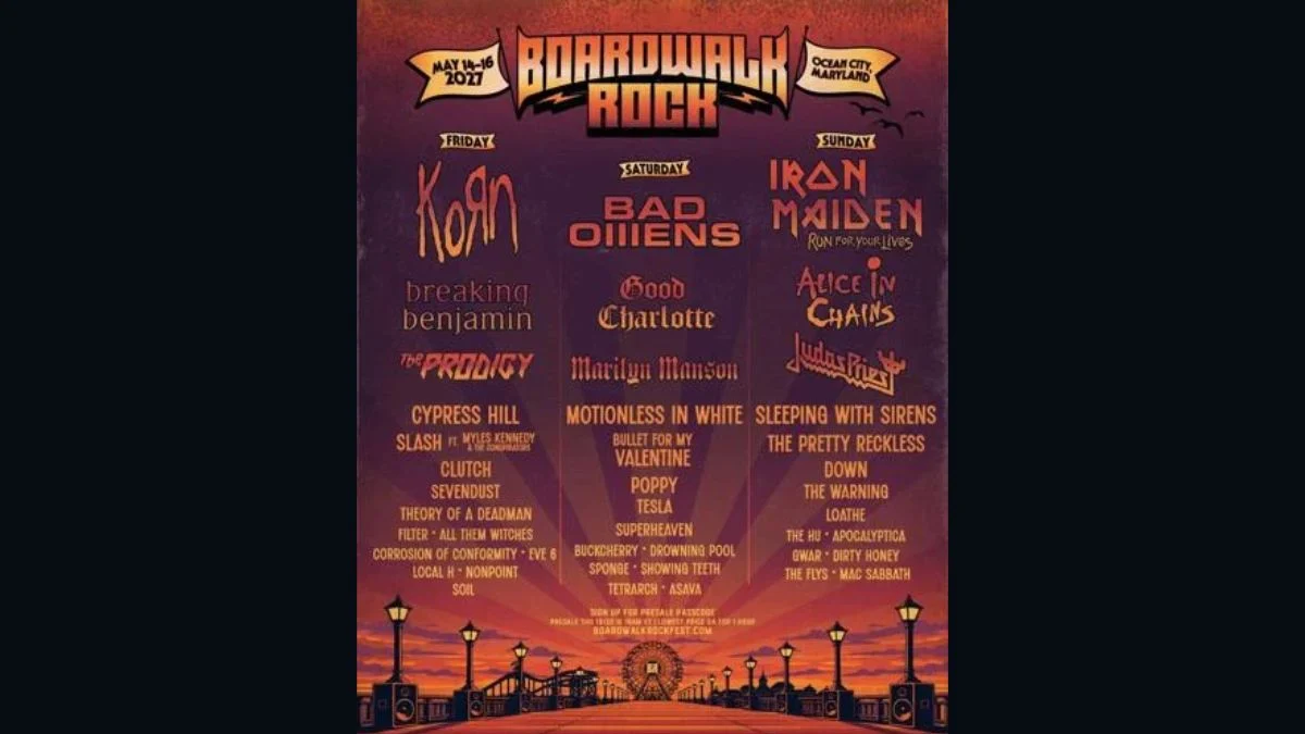 Official Boardwalk Rock 2027 festival lineup poster featuring headliners Korn, Bad Omens, and Iron Maiden