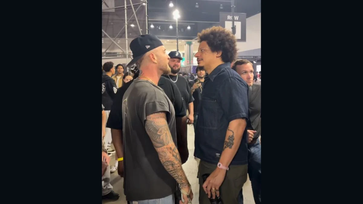 Chet Hanks and Eric André facing off in a tense viral video exchange at ComplexCon 2026