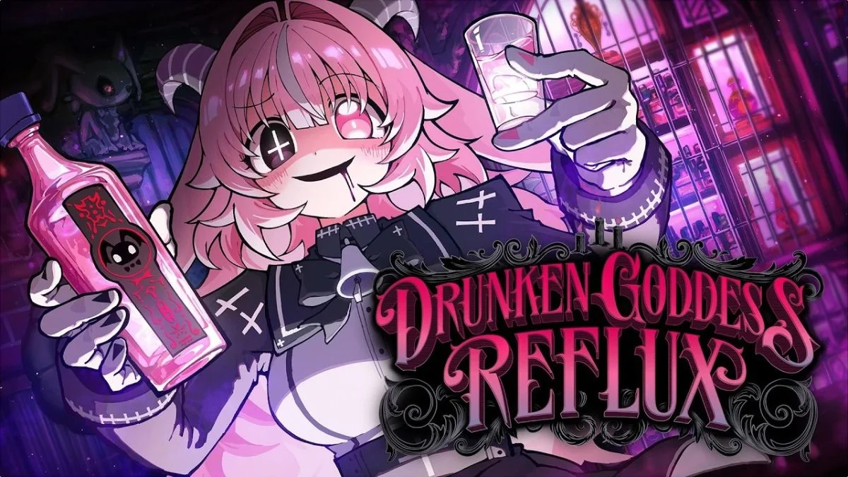 Anime-style pink-haired demon girl with horns holding a pink bottle and a shot glass under the Drunken Goddess Reflux logo.