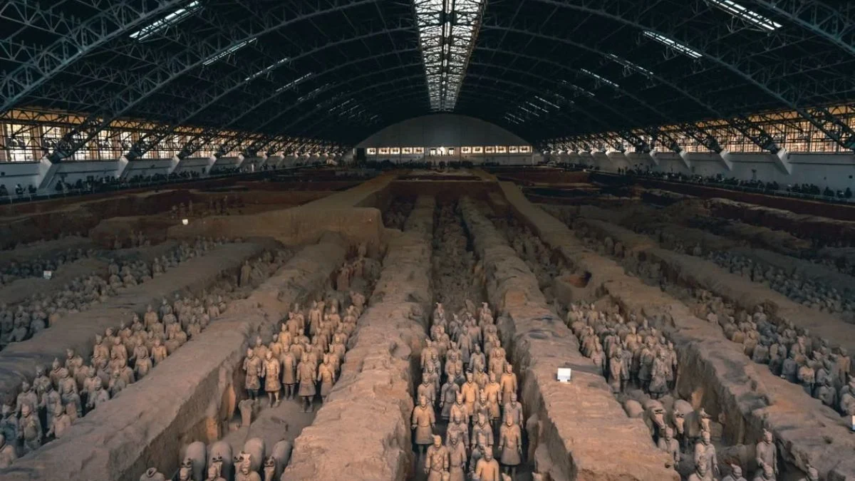 Wide view inside the excavation hall of the Terracotta Army pit in Xi'an, China