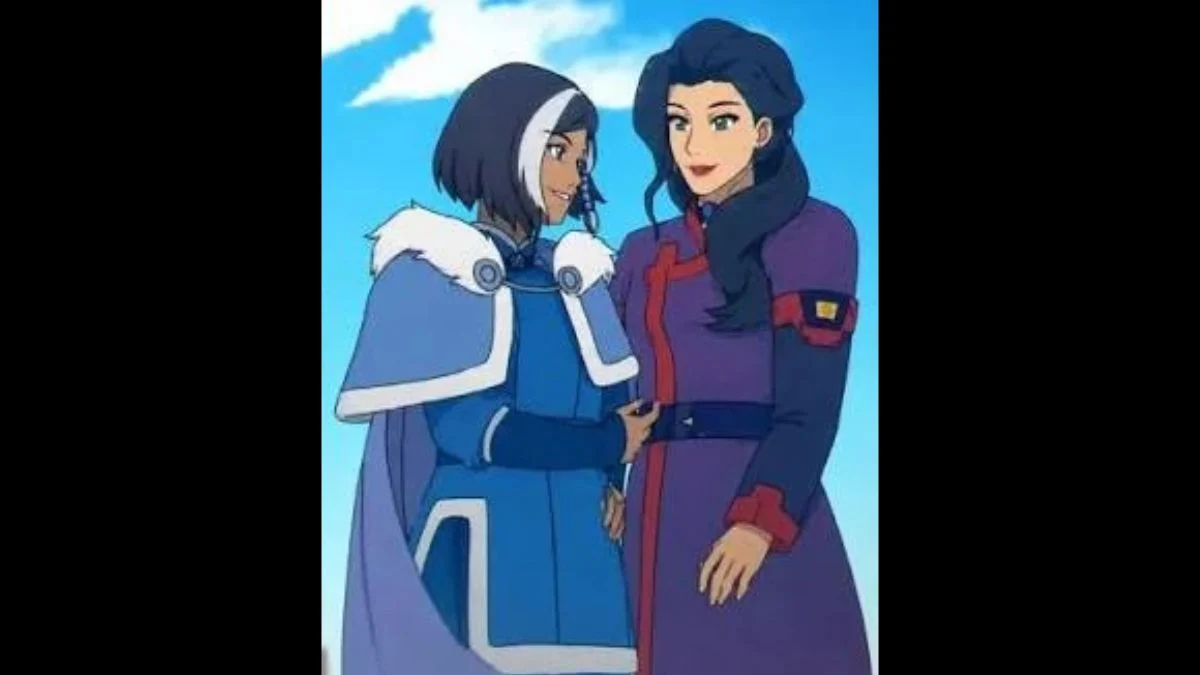 Older Korra in Water Tribe attire with white-streaked hair standing beside older Asami Sato in a purple outfit