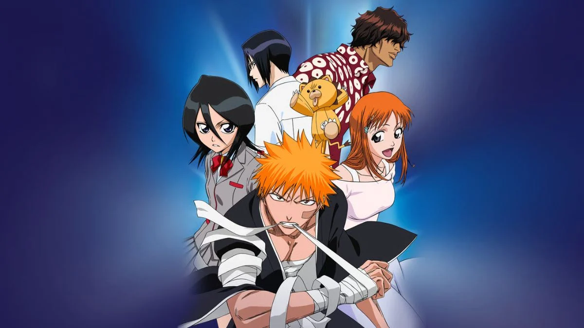 Classic Bleach anime ensemble poster featuring Ichigo Kurosaki, Rukia Kuchiki, Orihime Inoue, Uryu Ishida, and Yasutora Sado