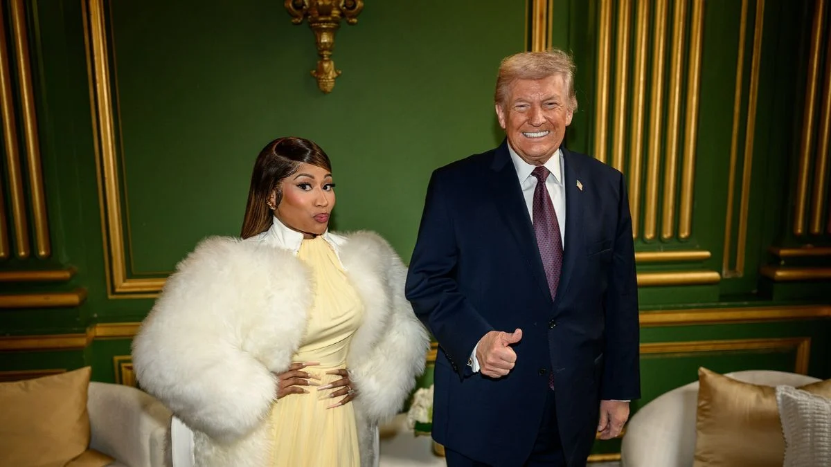 Rapper Nicki Minaj wearing a gold yellow outfit posing next to Donald Trump in a suit giving a thumbs-up