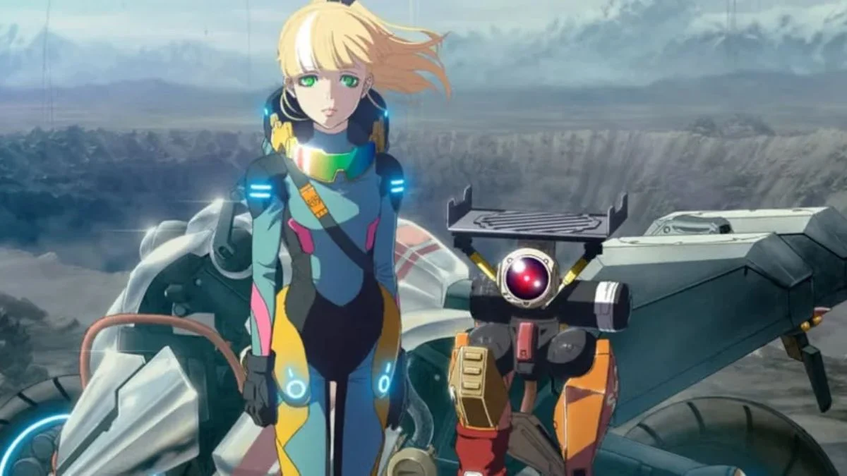 Blonde anime character in futuristic suit standing beside a futuristic motorcycle
