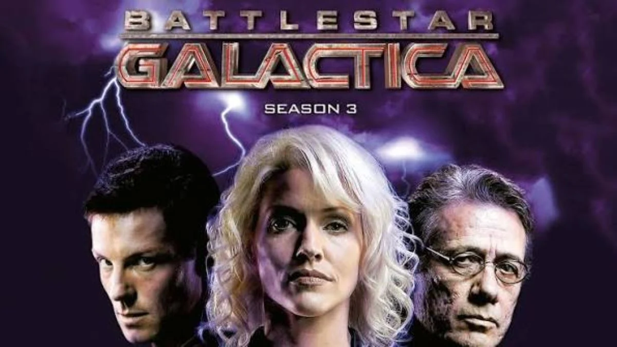 Promotional banner for Battlestar Galactica Season 3 featuring main characters against a purple lightning background.