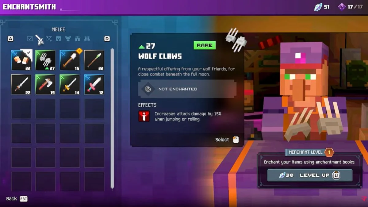 In-game quest menu displaying the "Training with the Enchantsmith" quest objective and rewards in Minecraft Dungeons II.