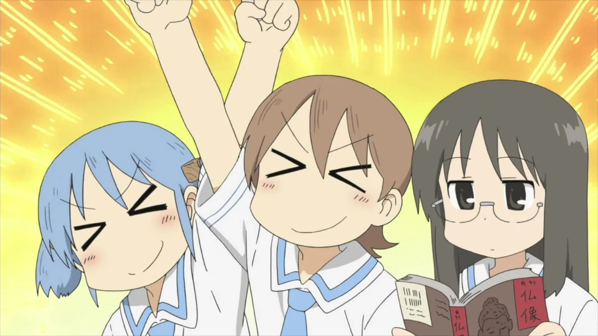 Mio Naganohara, Yuko Aioi, and Mai Minakami in an expressive comedic scene from Nichijou - My Ordinary Life.
