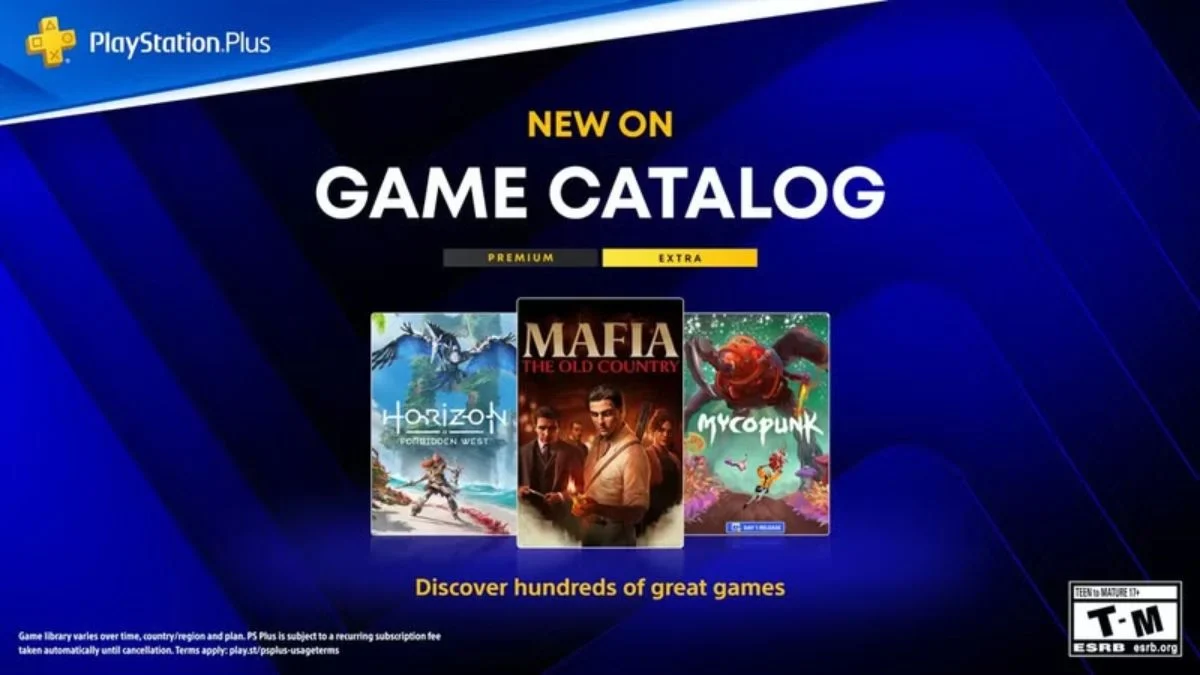 PlayStation Plus promotional banner displaying the October Game Catalog featuring Horizon Forbidden West, Mafia: The Old Country, and Mycopunk
