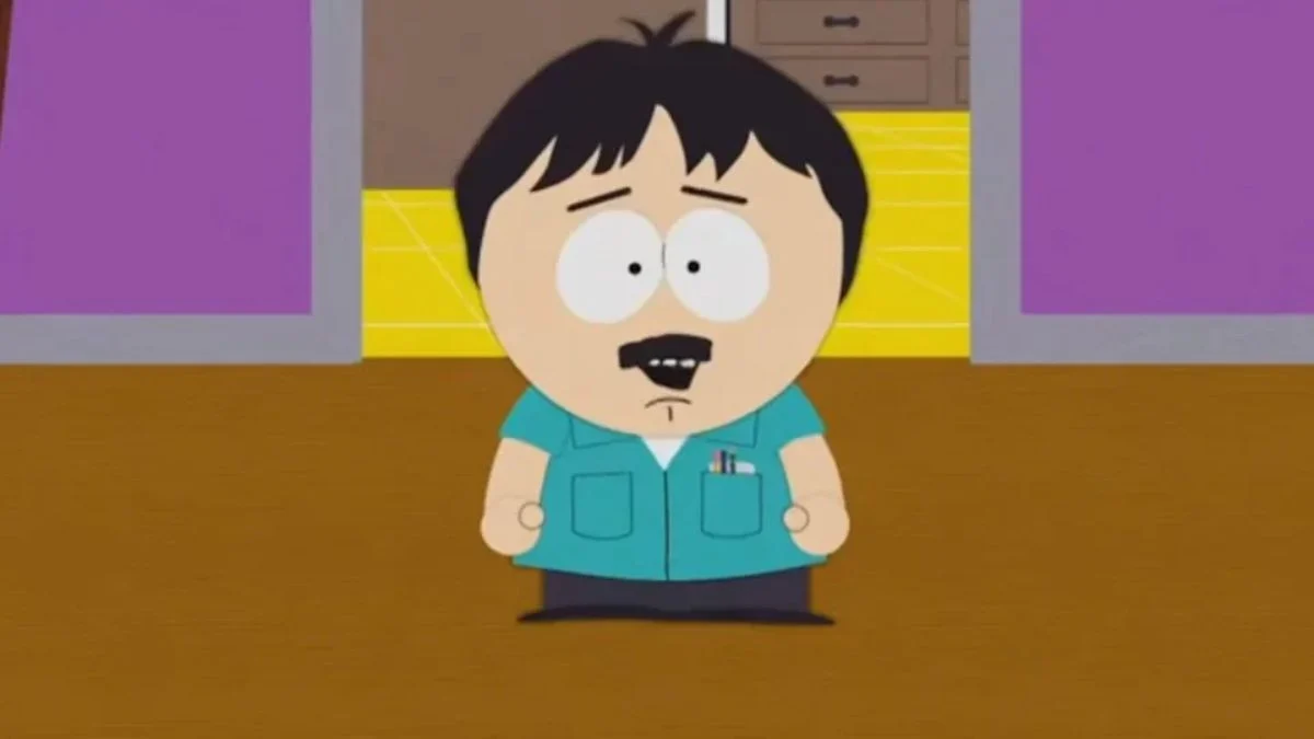 Randy Marsh from South Park depicted as a child with his signature mustache and blue shirt.
