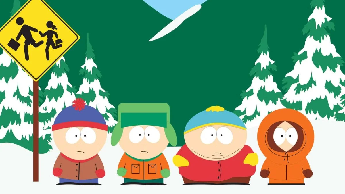 Core characters Stan, Kyle, Cartman, and Kenny standing together in snow in South Park