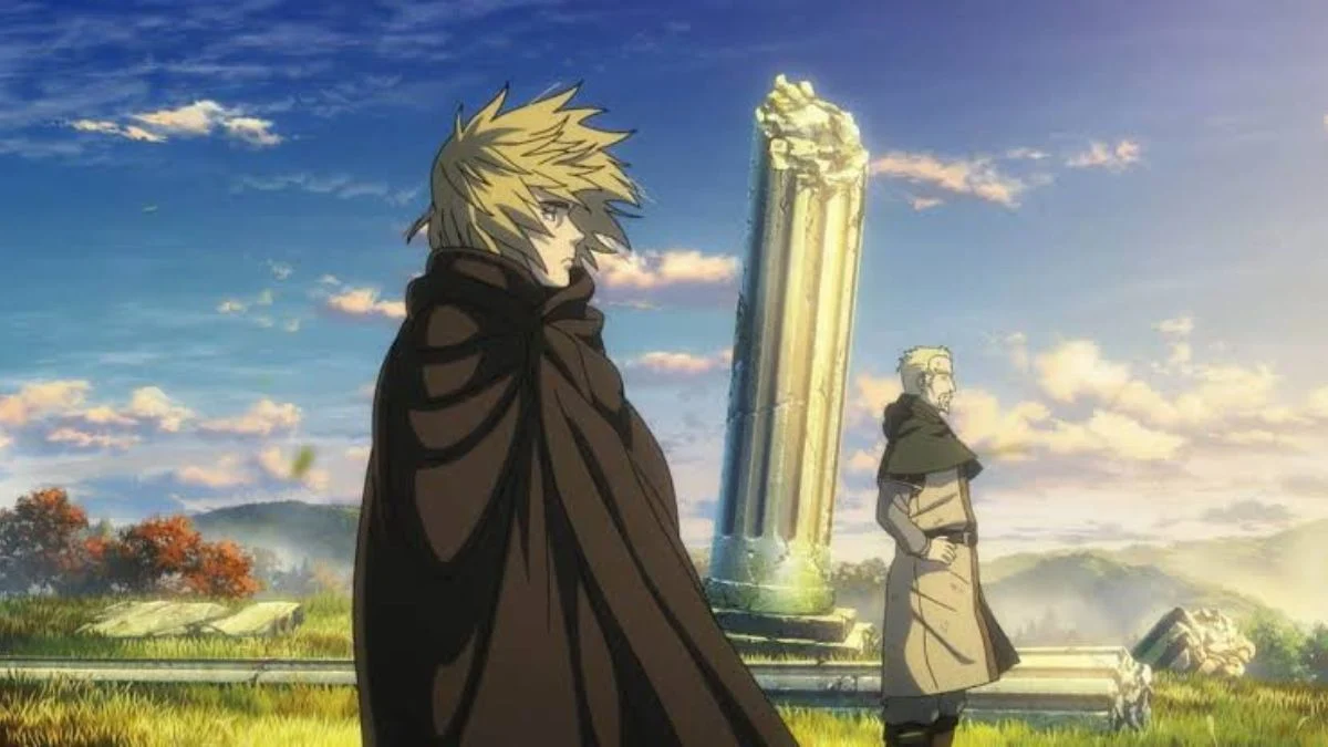 Thorfinn and Askeladd standing outdoors near a ruined pillar under a blue sky in the Vinland Saga anime