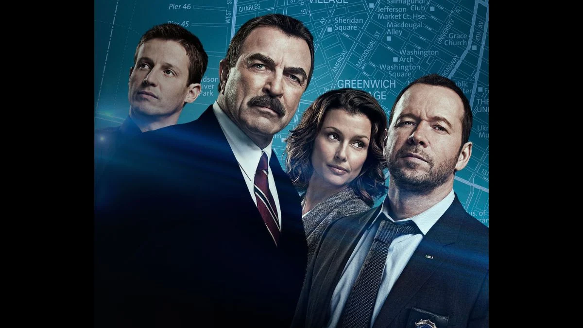 Promotional poster featuring the Blue Bloods cast including Will Estes, Tom Selleck, Bridget Moynahan, and Donnie Wahlberg