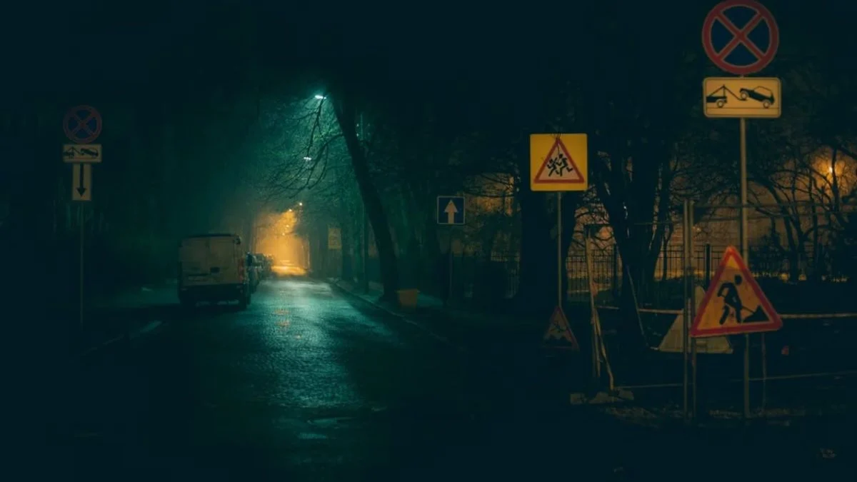 Dark and foggy road illuminated by streetlights with road signs along the side at night